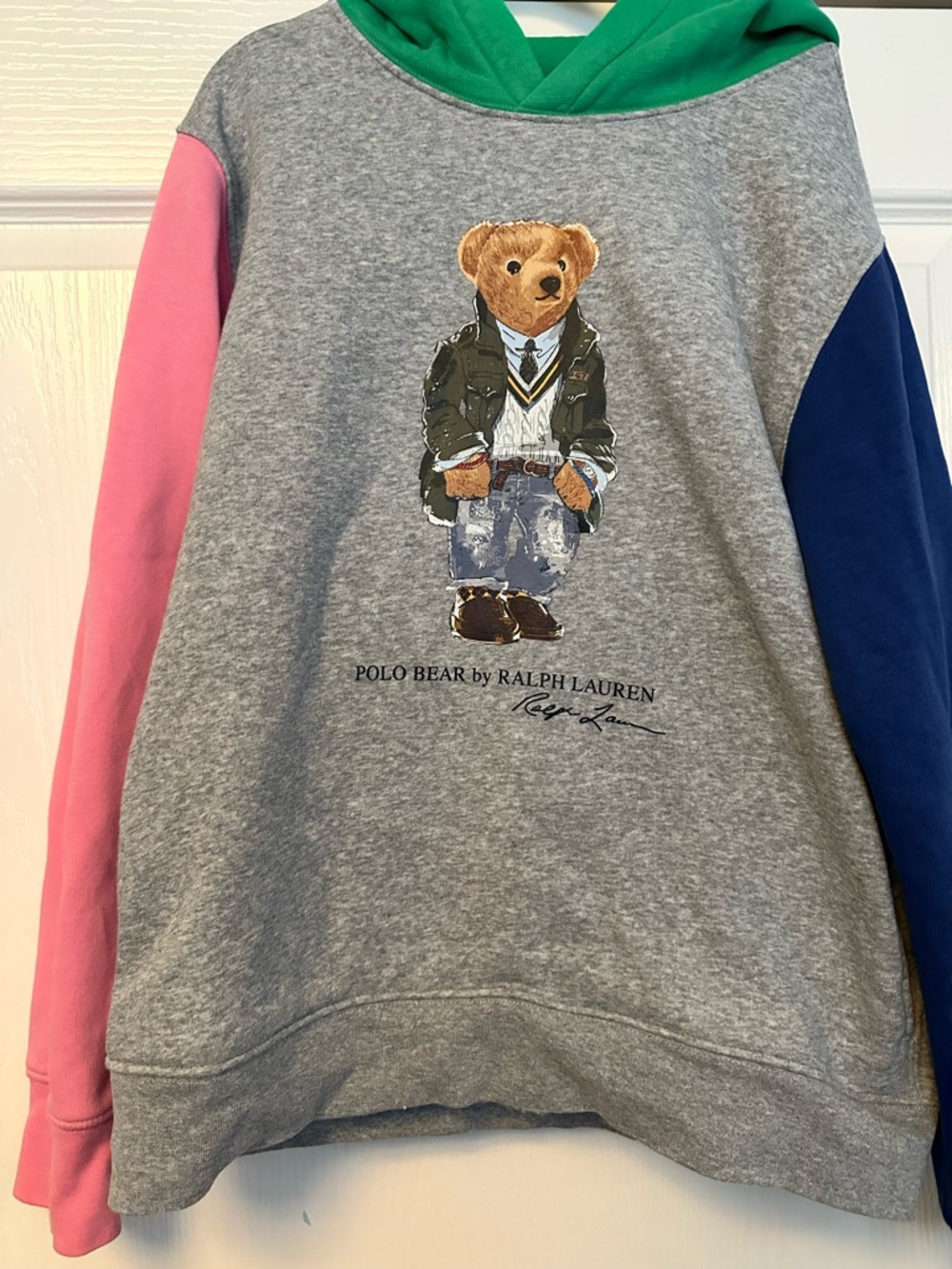 Ralph Lauren Polo Bear Colorblock Hoodie - Gray with Pink & Blue Sleeves